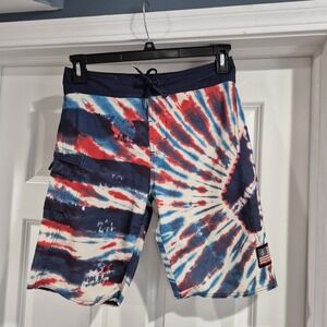 Volcom Board Shorts Mens 29 Red White Blue Tie Dye Patriotic Surf Swim Stretch